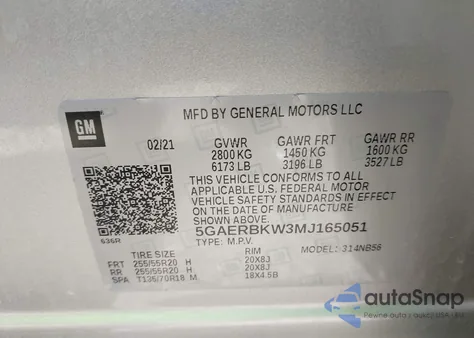 2021 Buick Enclave Fwd Essence z USA, uszkodzony, nr VIN 5GAERBKW3MJ165051